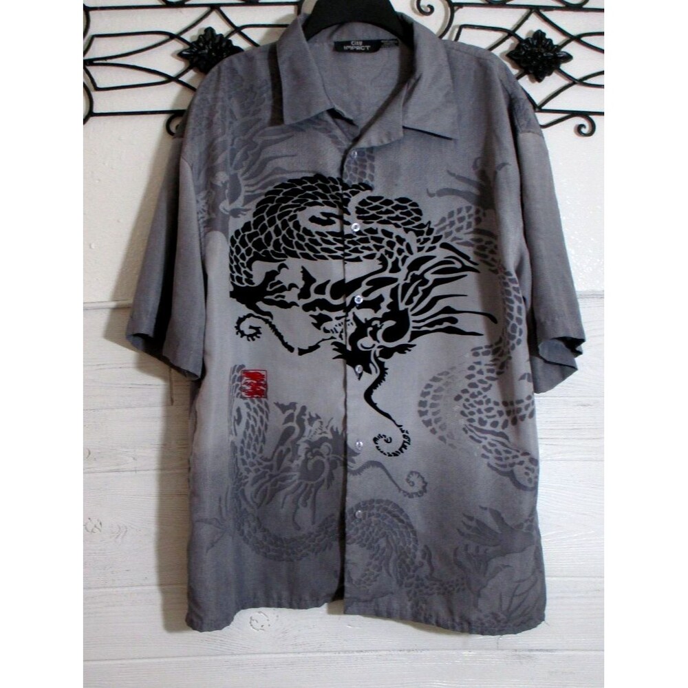 Y2K City Impact Gray Dragon Short Sleeve Shirt Button Up XL Men's